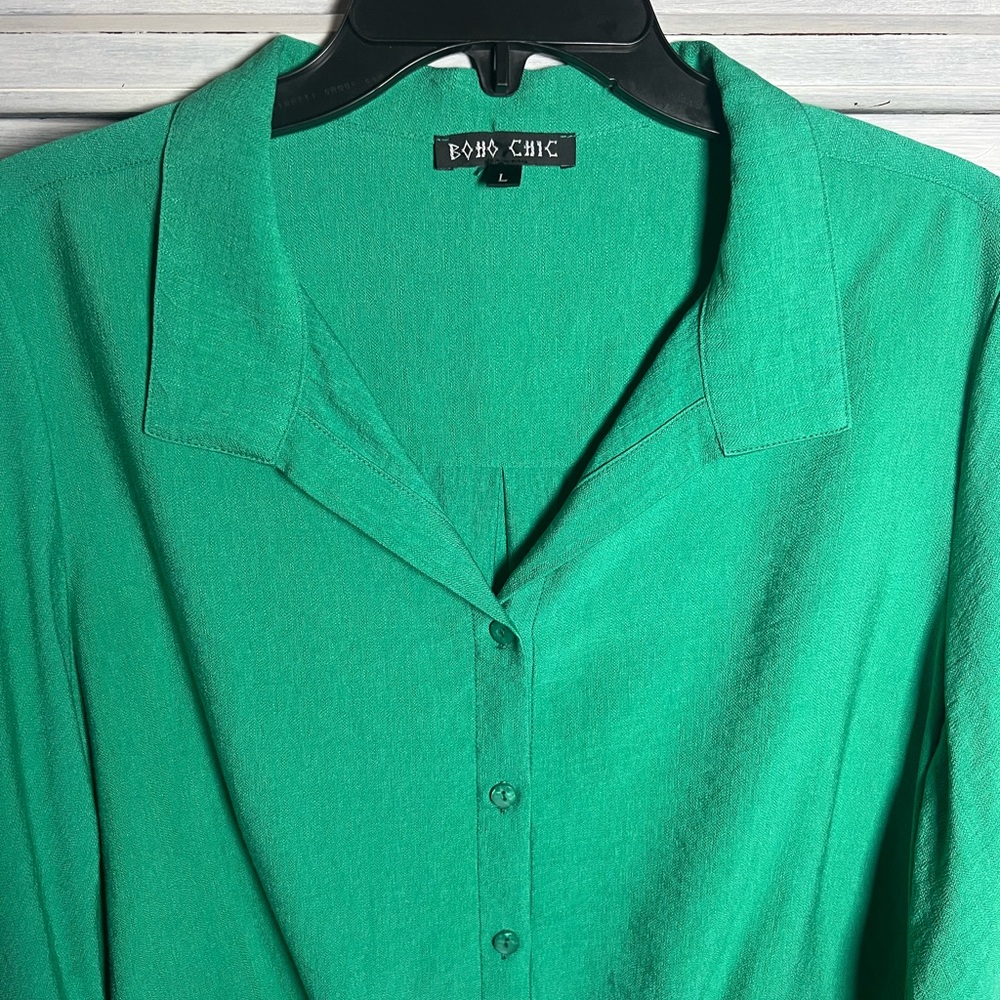 Boho Chic Green Collared Fringe Bell Sleeve Button Up Blouse Relaxed - Picture 4 of 6